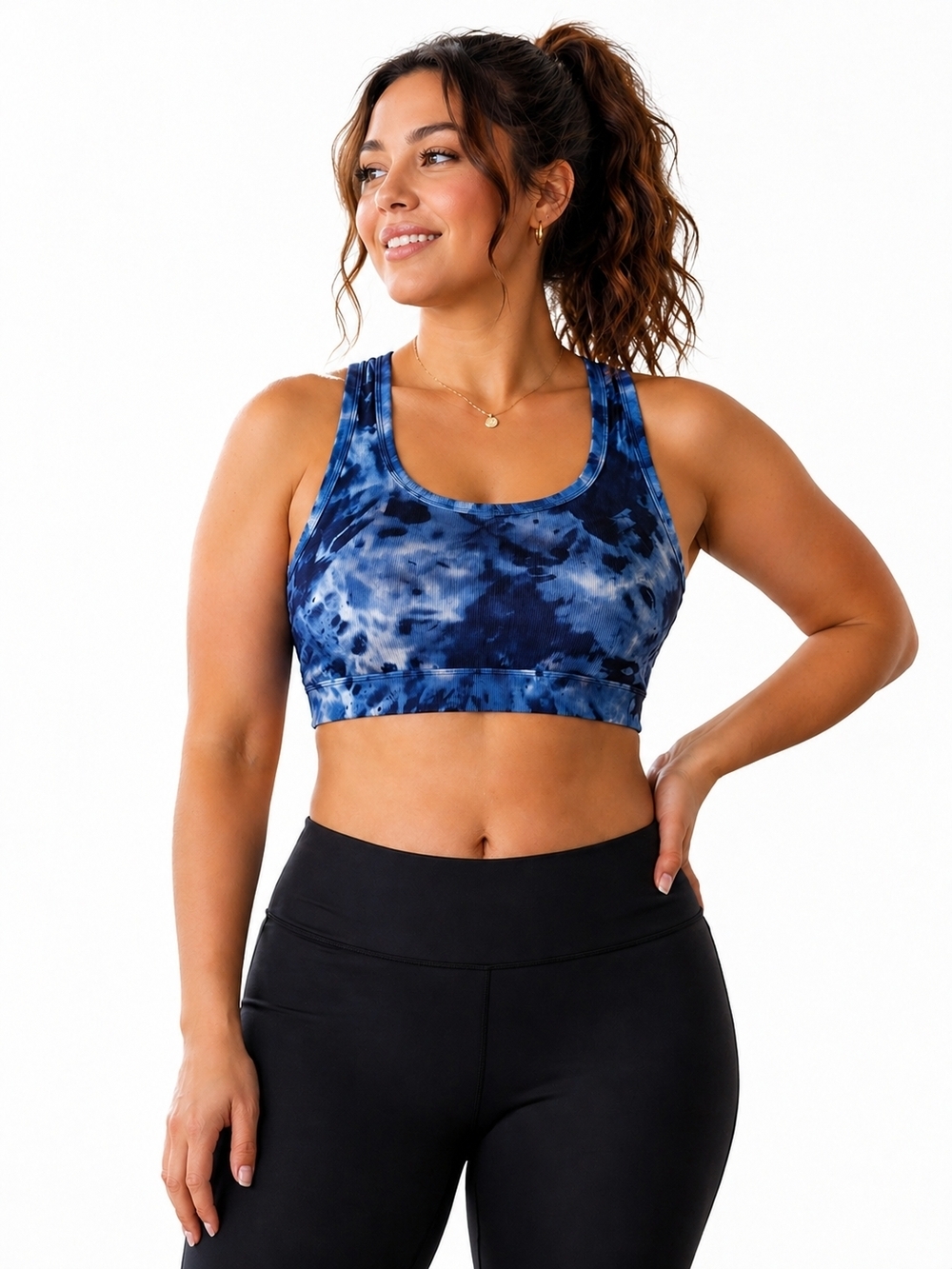 Glyder Tie Dye Sports Bra 1X NWT Blue Ribbed Athleisure Yoga Gym Top